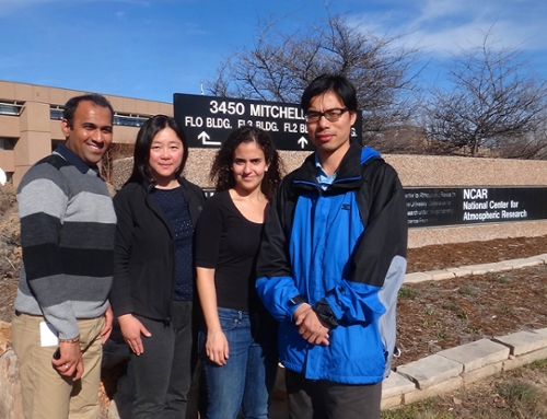 From left to right: Sopan Kurkute (PhD student), Yanping Li, Lucia Scaff (PhD student), Liang Chen (postdoctoral fellow) attend meetings at the National Atmospheric Research Centre in Boulder, Colorado, January 2015.   