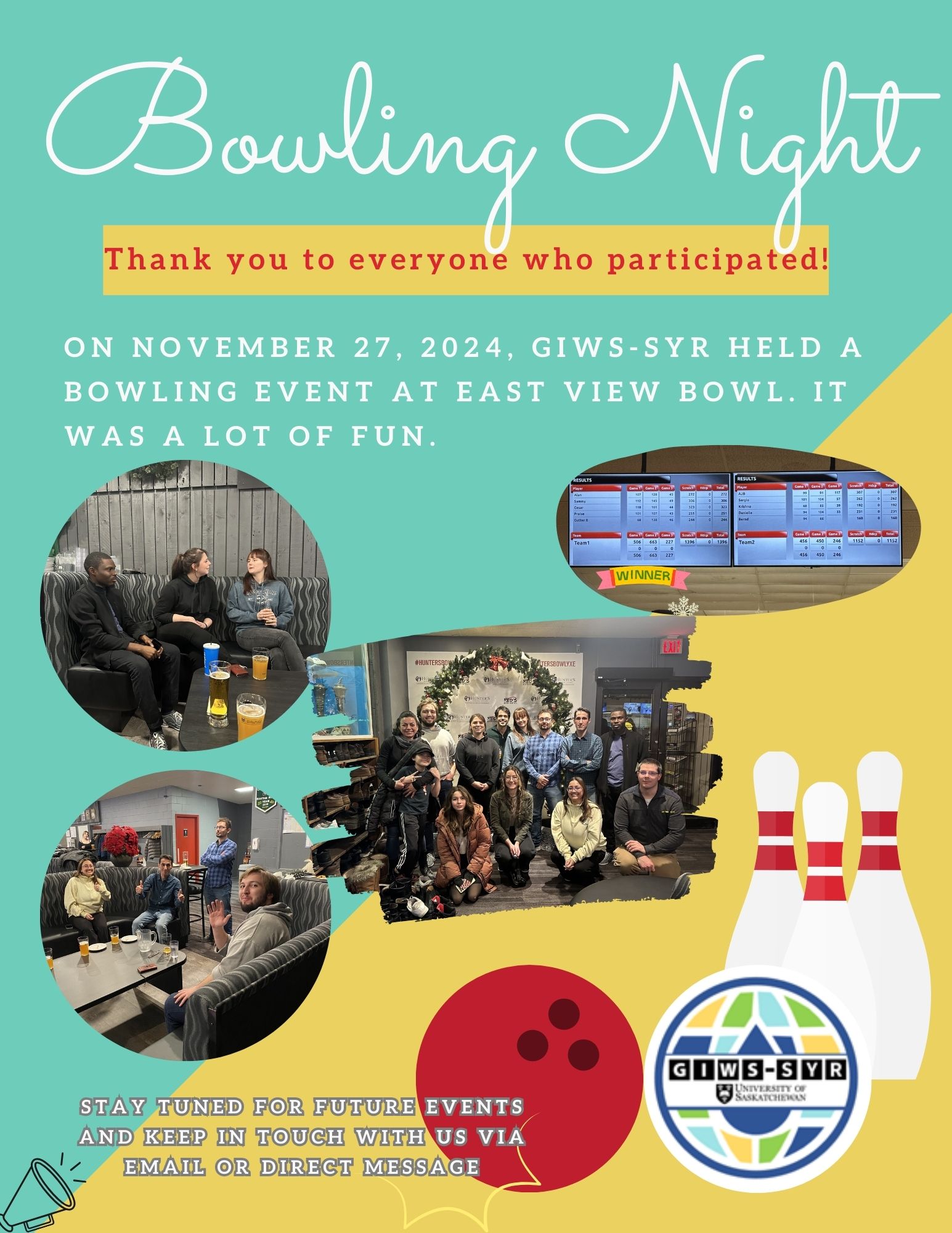 poster with images of the social bowling event